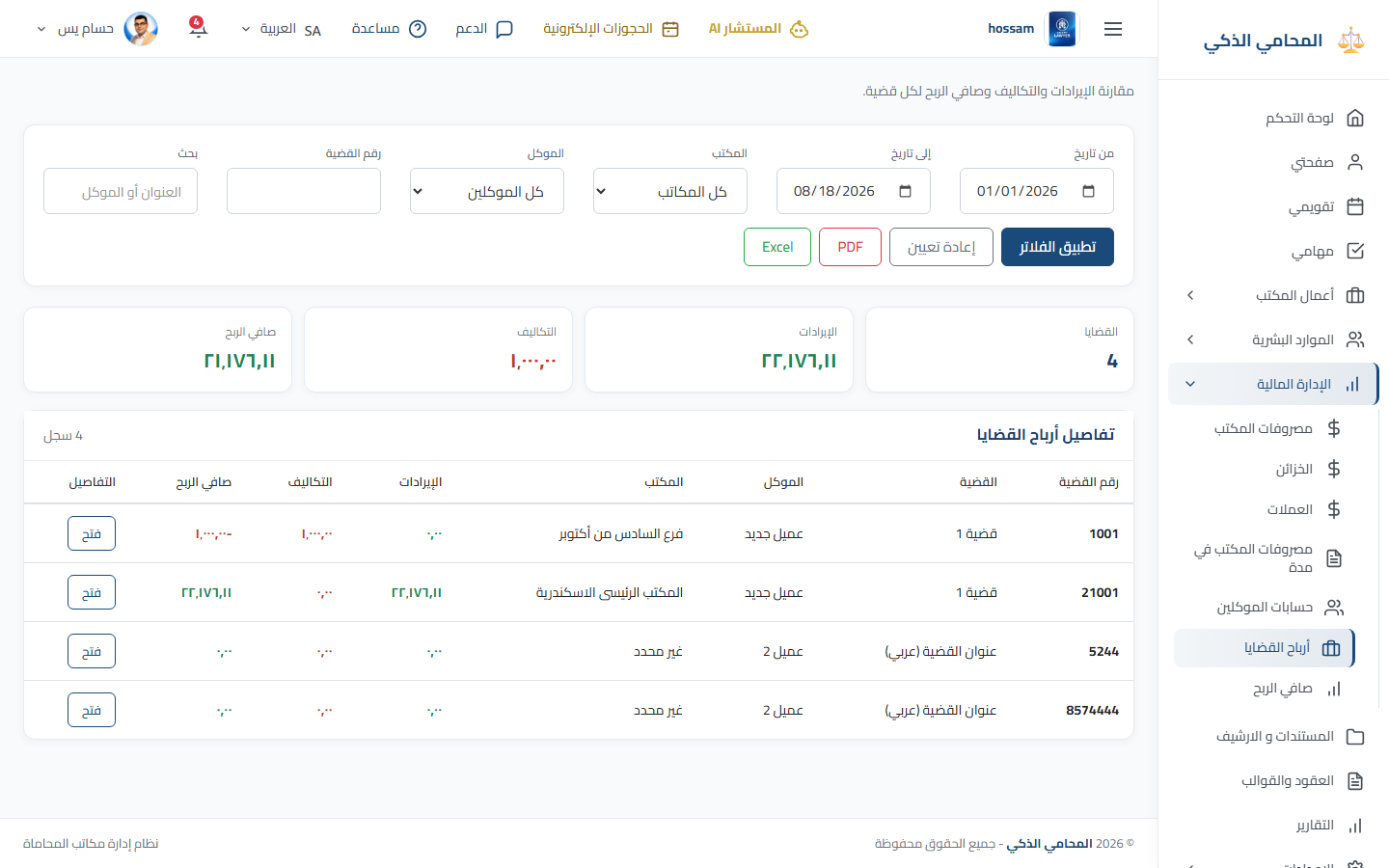 تقرير أرباح القضايا باللغة العربية.