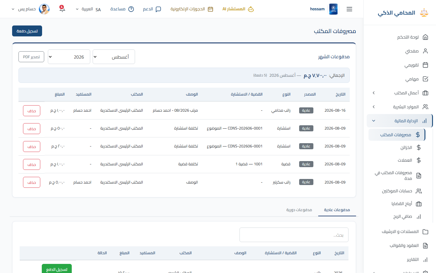 مصروفات المكتب باللغة العربية.
