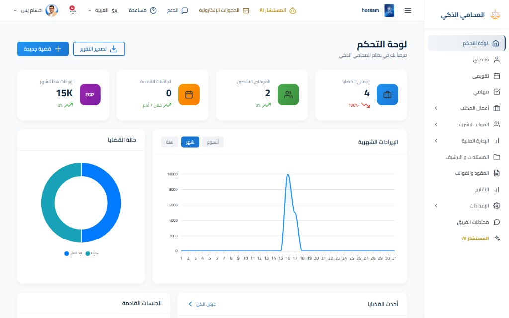 لوحة التحكم الحقيقية في نظام المحامي الذكي